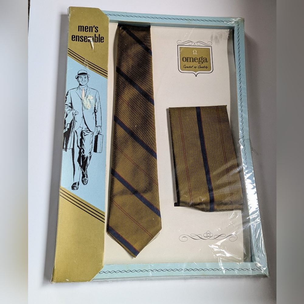Vintage Skinny Tie Set Omega Men's Ensemble 1968 New In Box Retro Mod Formal